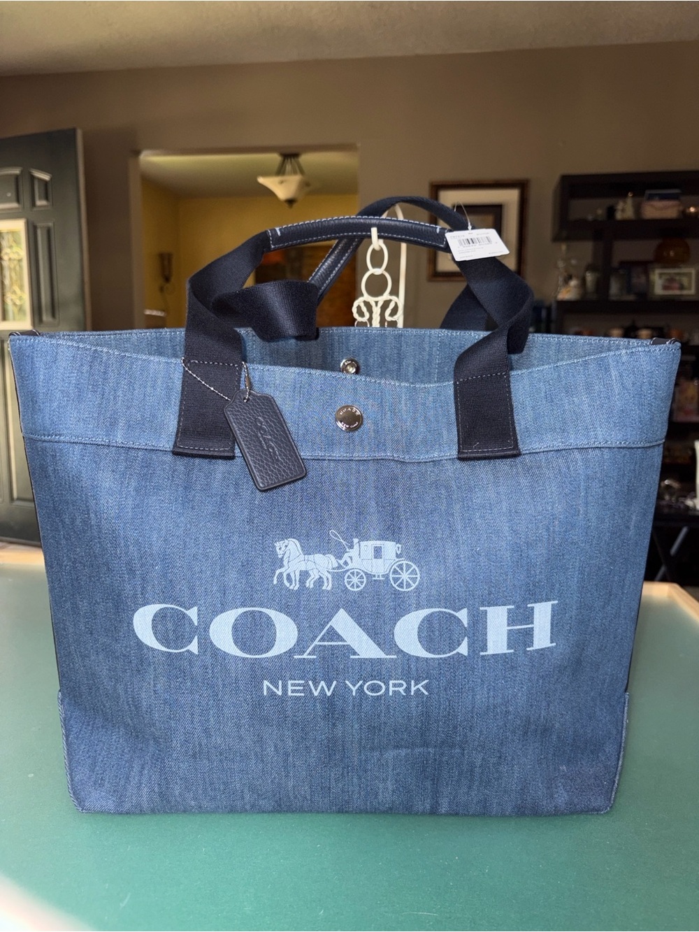 Coach Large Denim Tote Bag in Blue with Black Straps